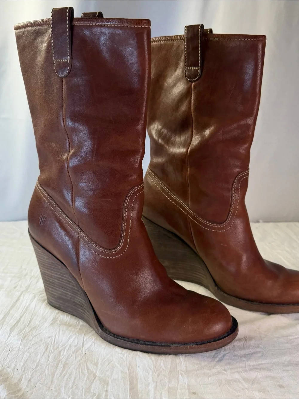 Frye Caroline sz9.5 Brown Leather Wooden Wedge Mid-Calf PullOnBoots Western
